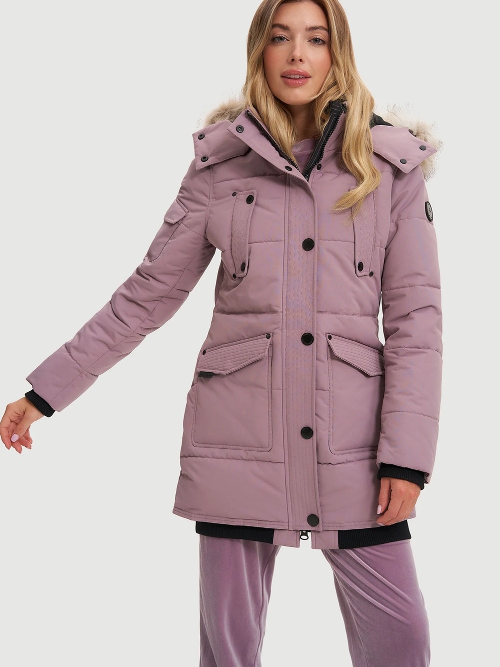Noize Dusty Mauve Long Puffer Parka with Faux-Fur Hood
